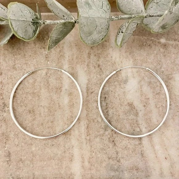 925 Sterling Silver Hoop Earrings Large Silver Hoops Diamond Cut Earrings - Picture 1 of 8